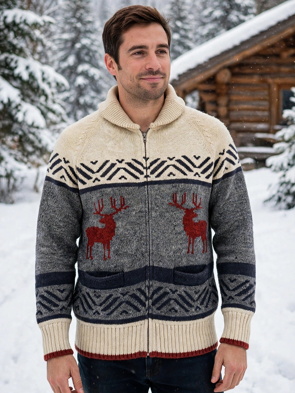 Windriver NWOT Men's Zip Warm Shawl Cardigan Sweater. Moose Motif. Mens Medium
